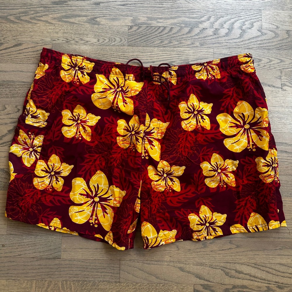 Sand N Sun Floral Swim Trunks Hawaiian Burgundy‎ Yellow Mens 2XL